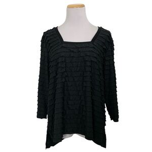 Slinky Brand Ruffle Square Neck Top Women’s 1X Black Long Sleeve Stretch Art